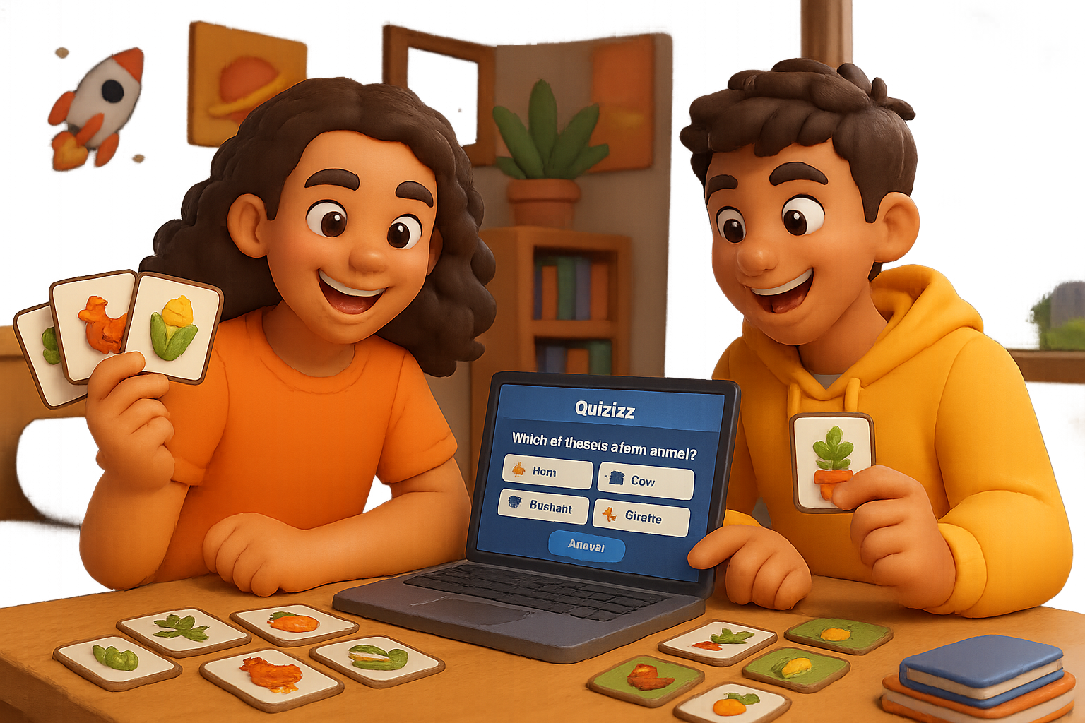 Dois adolescentes que estão na cidade, jogando o Jogo de Quizizz e o Jogo da Memória com tema do Campo 